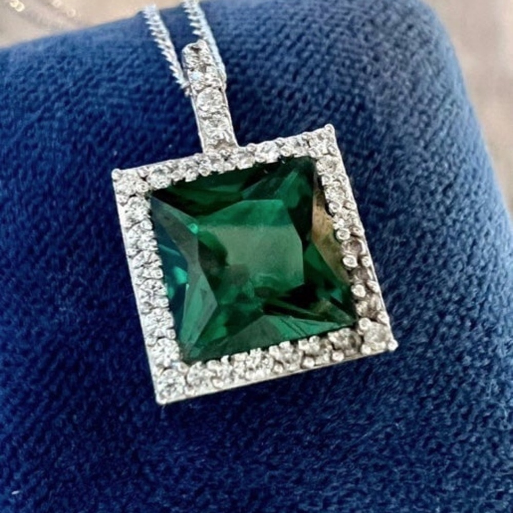 Vintage Large Princess Cut Emerald with Halo Pendant Solid 925 Sterling Silver